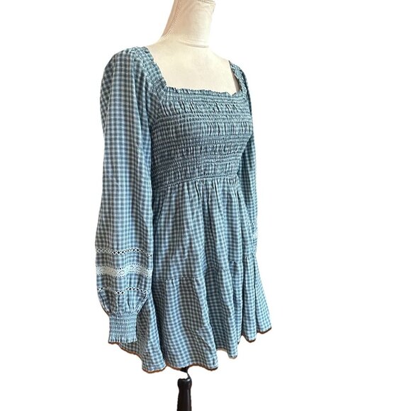 American Eagle Y2K Green Plaid Mini Peasant Dress Tiered Smocked Bust Sz S - Picture 3 of 8